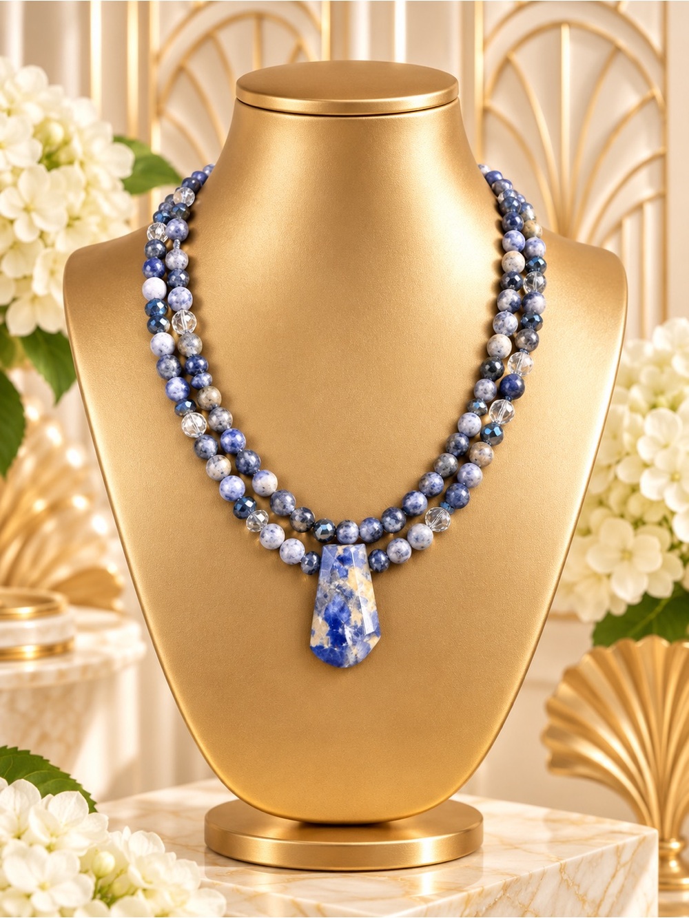 🆕🆕🆕Blue Sodalite Double-Strand Pendant Necklace